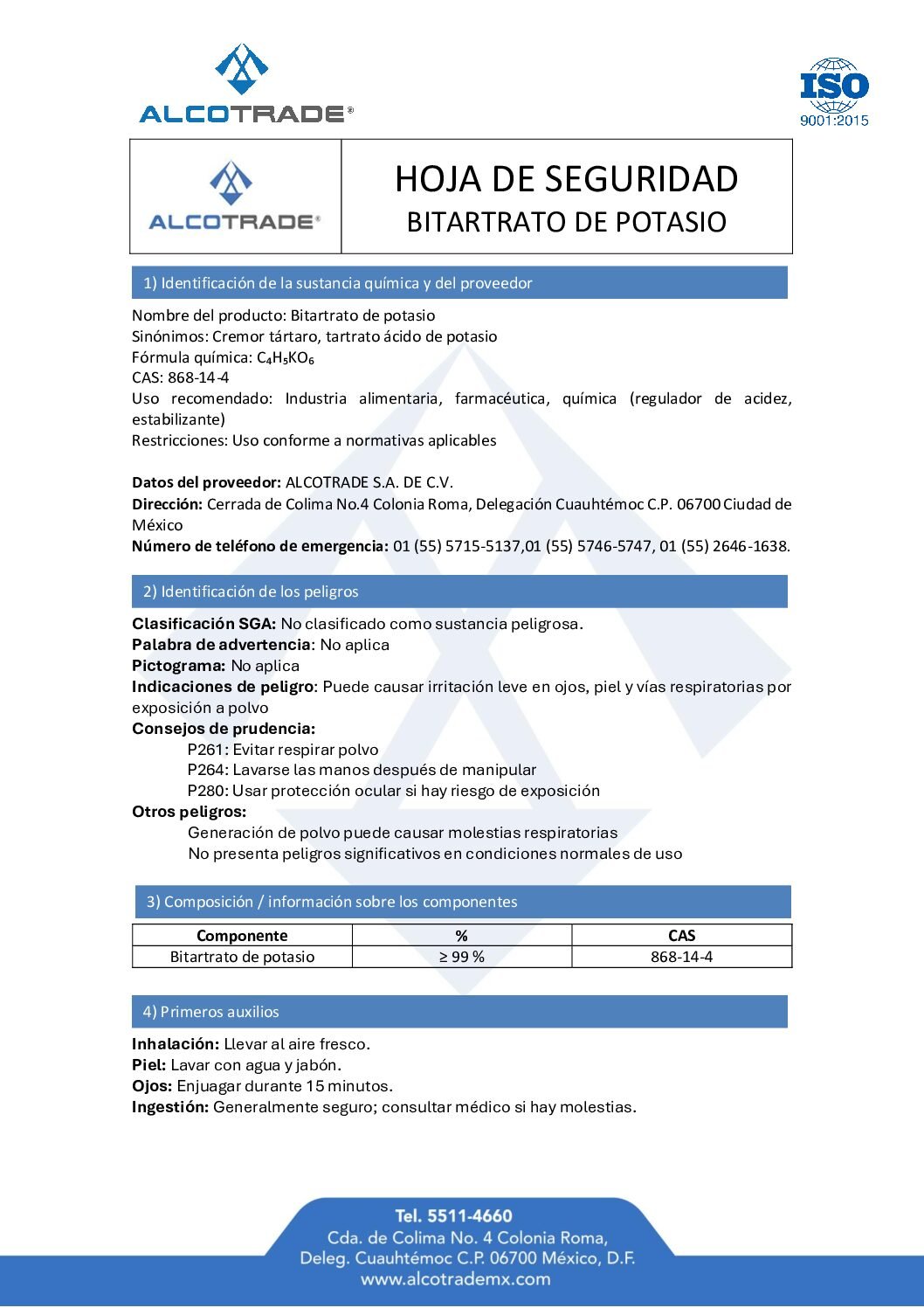 HDS Bitartrato de Potasio