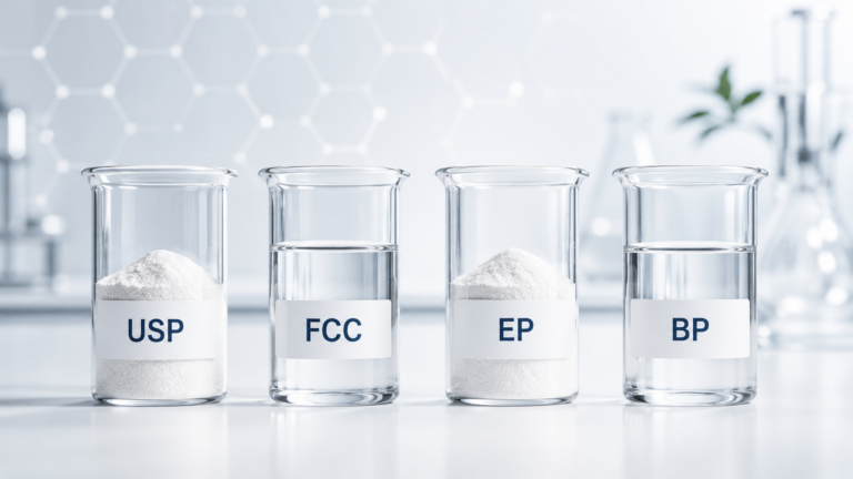 Diferencias entre grado USP, FCC, EP y BP en materias primas